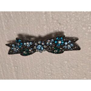 Blue & Green Rhinestone Bow Hair Clip Barrette Metal Backing